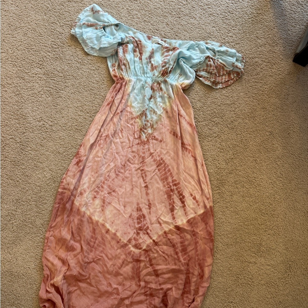 Lani Off-Shoulder Tie-Dye Maxi Dress in Blue and Pink